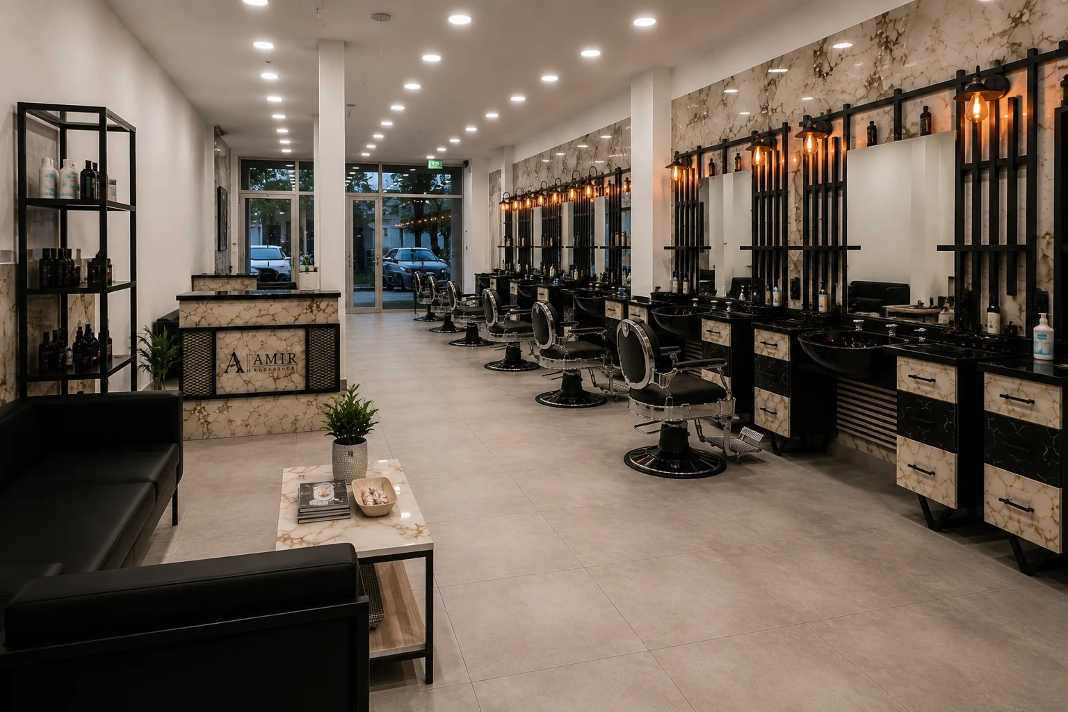 Innenansicht des Amir Barbershop in Köln mit Barbierstühlen, Spiegeln und Empfangsbereich