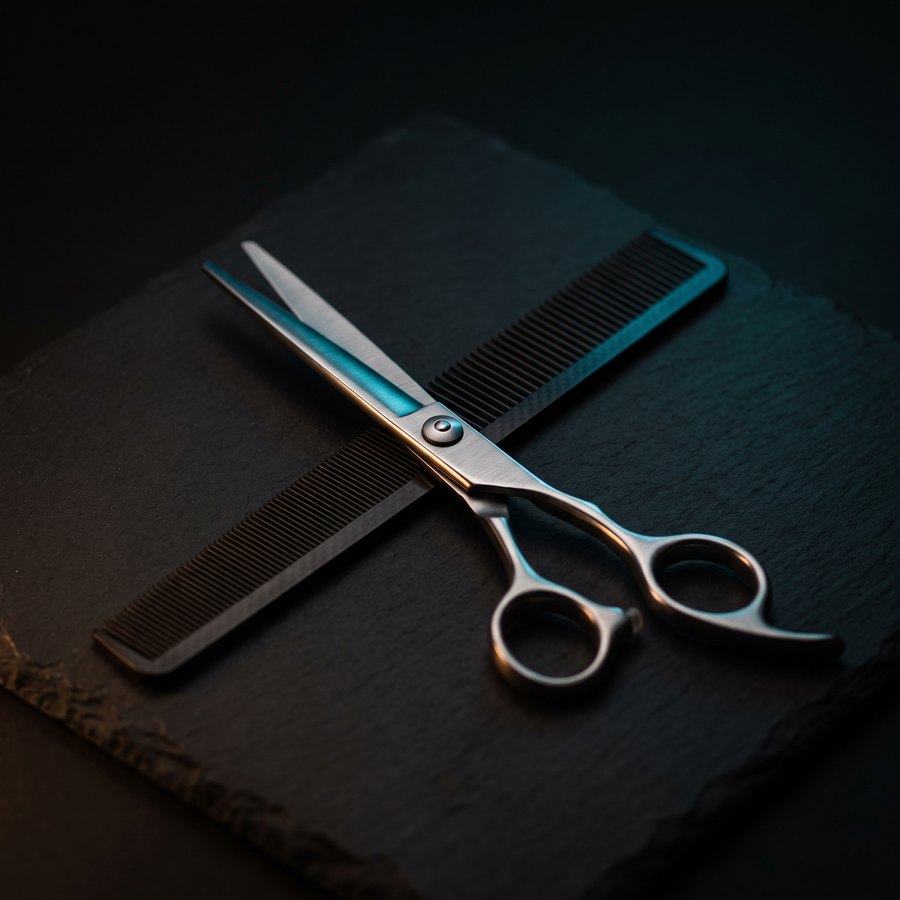 Profi-Haarschneidewerkzeug im Amir Barbershop Köln: Friseurschere und Kamm