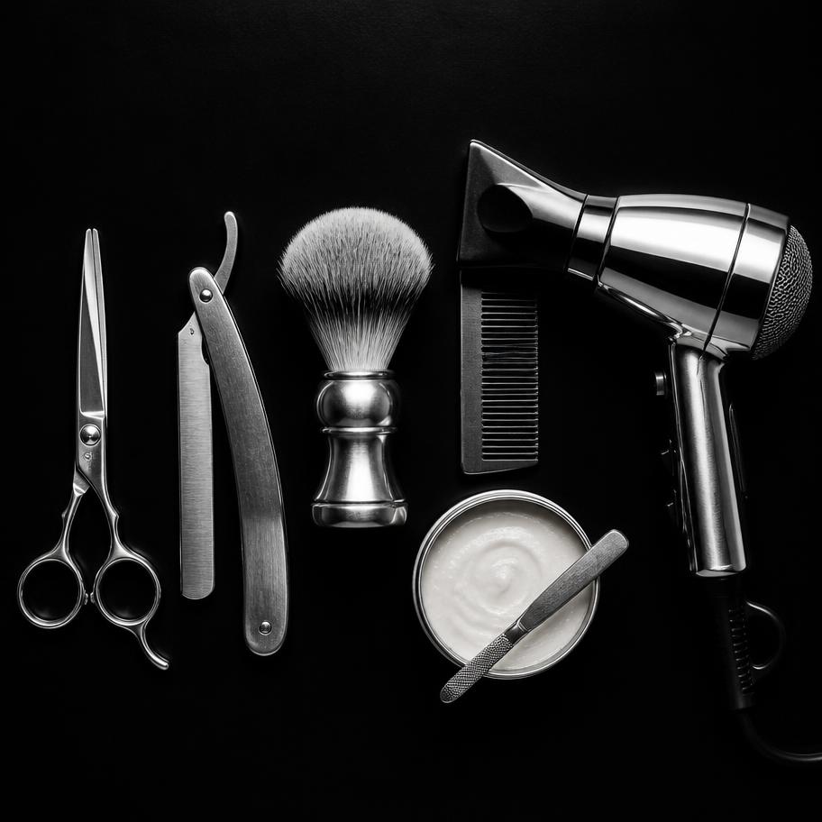 Komplettes Barber-Werkzeugset: Schere, Rasiermesser, Pinsel, Kamm, Wachs und Föhn